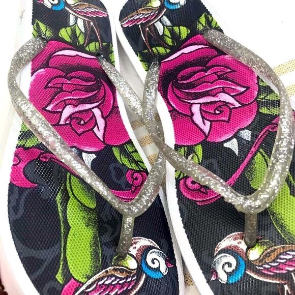 LA Ink Rose and Bird Flip Flops - Picture 7 of 11